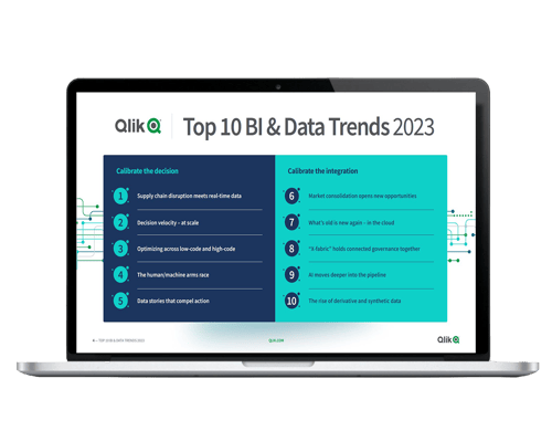 Datorskärm visar uppslag ur rapporten Qlik Top 10 BI & Data Trends 2023